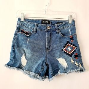 Nanette Lepore midrise Boho Aztec Distressed Denim short Bohemian Western